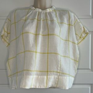 Everlane 100% Linen Drape Top Short Sleeve Citrus Check Windowpane Blouse Size 8